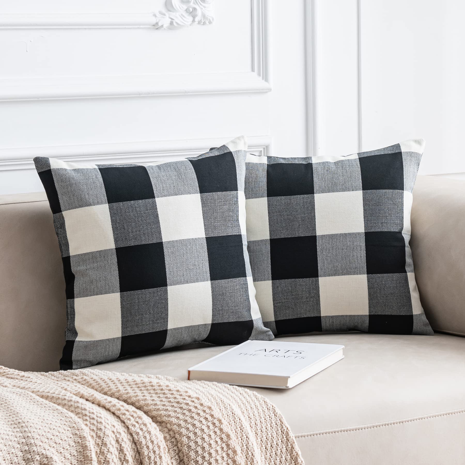 Book Cover Anickal Christmas Pillow Covers 18x18 Inch Set of 2 Black and White Buffalo Check Plaid Throw Pillow Covers Rustic Farmhouse Decorative Cushion Case for Home Sofa Couch Decor Black and White 18 x 18-Inch