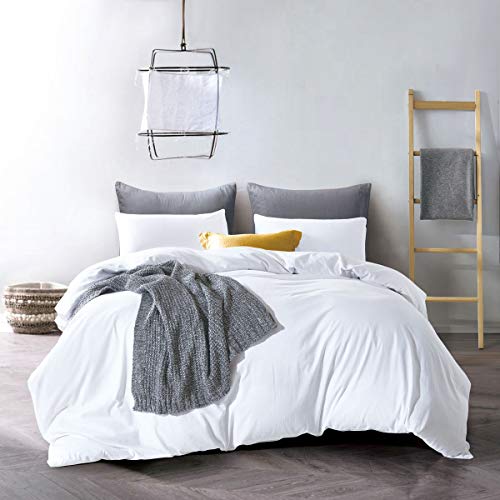 Book Cover ATsense Duvet Cover Queen, 100% Washed Cotton, Bedding Duvet Cover Set, 3-Piece, Ultra Soft and Easy Care, Simple Style Farmhouse Bedding Set (White 7006-4)