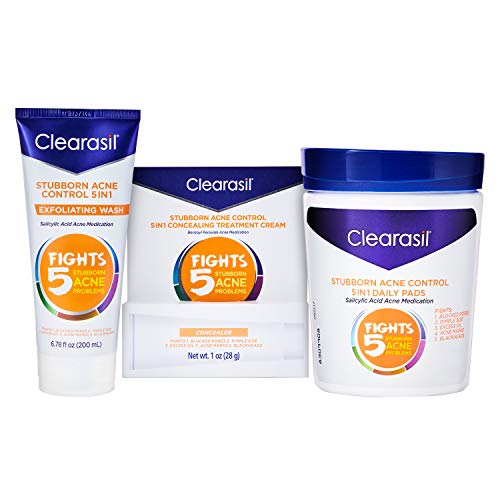 Acne Treatment Kit - Clearasil Stubborn Acne Control 5-in-1 Bundle Daily Pads (90 Count), Exfoliating Wash (6.78 oz) & Spot Treatment Cream (1 oz) 1 Each