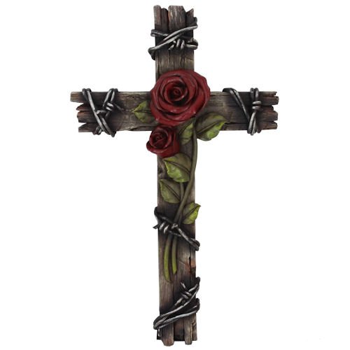 Polly House Rose with Wood Look Resin 10" CROSS Wall Cross for Home Decoration and Great for Gifts