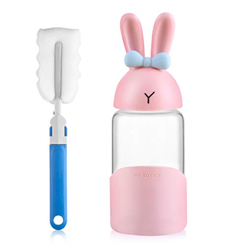 Cute Bunny Water Bottle ONEISALL Cute Glass Travel Mug Water Bottle for Kids (Pink-340ML)