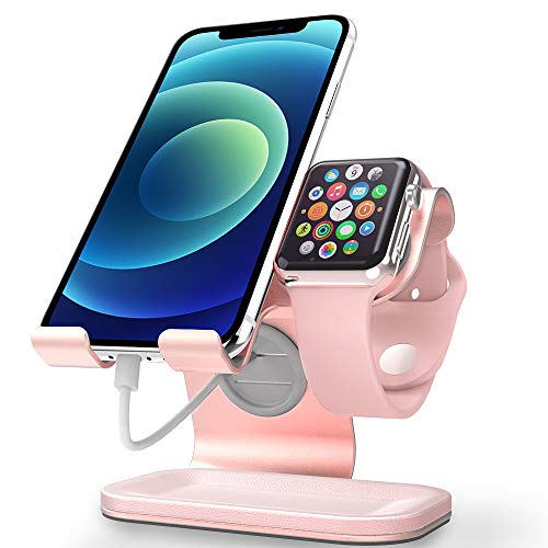 Book Cover Apple Watch Stand, Apple Watch Charging Stand Station Dock, ZVEdeng 2 in 1 Universal Stand Holder for iPhone 13 Pro Max/13/13 Pro/13 Mini Apple Watch Both 38mm-42mm (Rose Gold-Leather)