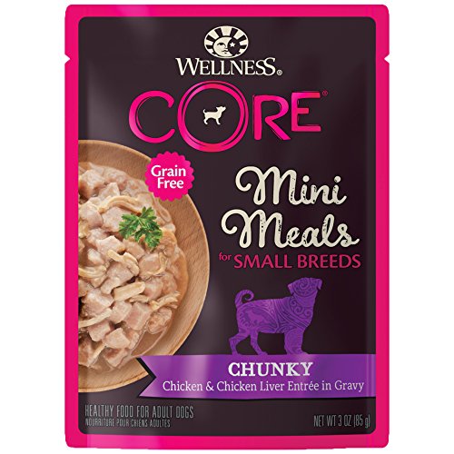 Wellness CORE Natural Grain Free Small Breed Mini Meals Wet Dog Food, Chunky Chicken & Chicken Liver EntrÃ©e in Gravy, 3-Ounce Pouch (Pack of 12)