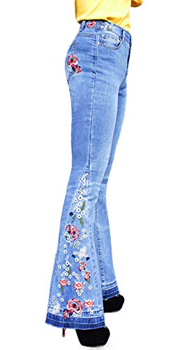 CHARTOU Womens Chic Floral Embroidered High-Rise Bell Bottom Flare Jeans Broad Feet Long Denim Pants