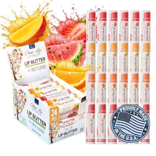 Chap-Lip Fruit Flavor, Lip Balm Moisturizer [24pcs] Tangerine, Watermelon, Strawberry & Mango Fruit Flavor