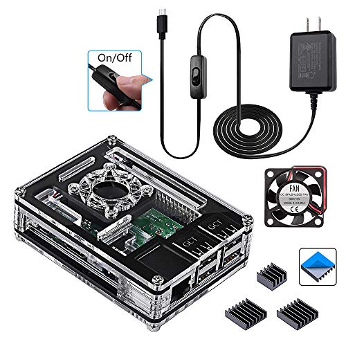 Smraza Case for Raspberry Pi 4, Acrylic Case with Cooling Fan, 4PCS Heatsinks, 5V 3A USB-C Power Supply for Raspberry Pi 4 Model B (RPI 4 Board Not Included) - Black (Case for Raspberry Pi 3)