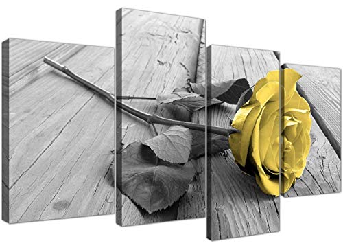 Yellow Grey Rose Flower Black White Floral Canvas WhiteÂ Valentine'sÂ Day Decor 51 Inches Wide,4 Panel Canvas Prints Artwork Modern Paintings Wall Art Home Decoration Stretched and Framed Ready to Hang