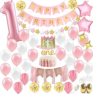 Baby Girl First Birthday Decorations - 1st Birthday Girl Decorations Pink and Gold Party Supplies - Happy First Birthday Banner, Number 1, Heart and Confetti Balloons, Premium ONE Cake Topper