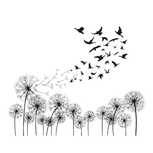 decalmile Black Dandelions Wall Decals Flying in The Wind Birds Wall Stickers Bedroom Living Room Office Home Decoration