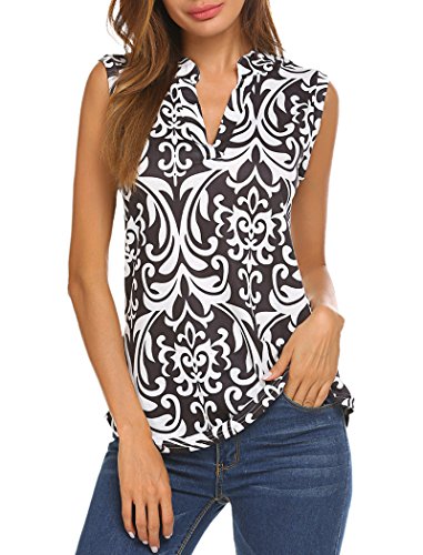 Halife Women's Sleeveless Floral Print V Neck Henley Tank Tops Blouse Shirts Tunic