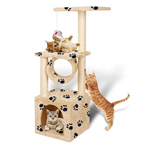 Yohoz ðŸ±36in Deluxe Faux Fur Level Cat Tree Condo Furniture Climbing Activity Tower Scratching Scratcher Post Kittens Pet Play House and Tunnel Play Toy (Paw)
