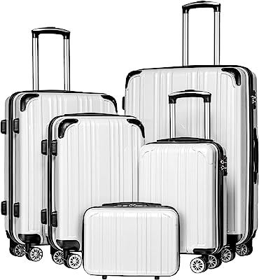 Coolife Luggage Expandable 3 Piece Sets PC+ABS Spinner Suitcase 20 inch 24 inch 28 inch (white grid)
