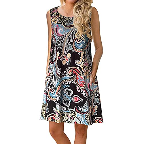 ETCYY Women's Summer Casual Sleeveless Floral Printed Swing Dress Sundress with Pockets