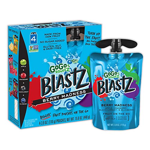 GoGo squeeZ BlastZ Fruit Pouches on the Go, Berry Madness, 3.88 Ounce (24 Pouches), Gluten Free, Vegan Friendly, Unsweetened, Recloseable, BPA Free Pouches (Packaging May Vary)
