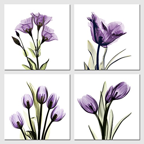 Pyradecor Elegant Purple Flickering Flower Canvas Prints Wall Art Grace Floral Pictures Paintings for Living Room Bedroom Office Home Decorations 4 Panel Modern Abstract Gallery Wrapped Artwork