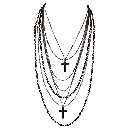 DragonWeave Jewelry Deluxe Gothic 80s Madonna Retro Multilayer Gunmetal Crosses Long Multi Strand Black Chain Necklace