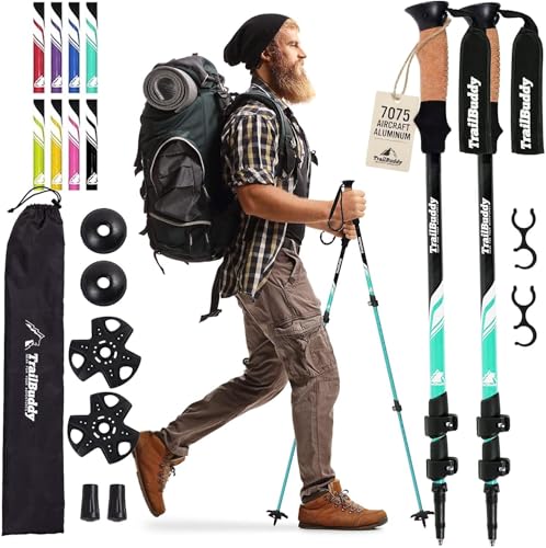 TrailBuddy Lightweight Trekking Poles - 2-pc Pack Adjustable Hiking or Walking Sticks - Strong Aircraft Aluminum - Quick Adjust Flip-Lock - Cork Grip, Padded Strap - (Aqua Sky)
