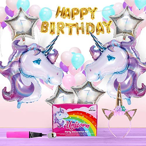 Unicorn Party Supplies | Gaint Unicorn Balloon | Party Favors with 26 Colorful Latex, Mylar Balloons, Birthday Banner, Unicorn Horn Glitter Headband, Air Pump & String in Box