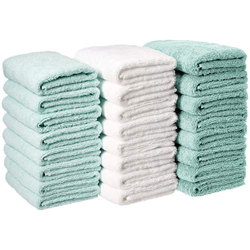 Book Cover Amazon Basics Cotton Hand Towel - 24-Pack, Multi-Color (Seafoam Green, Ice Blue, White)