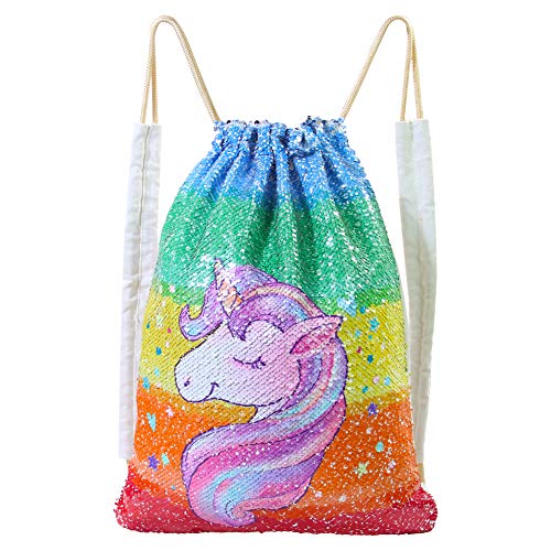 Book Cover Basumee Unicorn Mermaid Sequin Bag Reversible Sequins Drawstring Backpacks, Rainbow