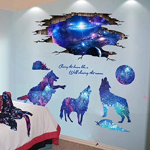 Book Cover iwallsticker 2pcs Creative Blue Starry Sky Wolf and Moon Stars Wall Decals Galaxy Removable Stickers Living room Decor Home art Kids Bedroom Decal Nursery Sticker Boy Rooms Mural Children Gift Sticker