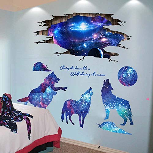 iwallsticker 2pcs Creative Blue Starry Sky Wolf and Moon Stars Wall Decals Galaxy Removable Stickers Living room Decor Home art Kids Bedroom Decal Nursery Sticker Boy Rooms Mural Children Gift Sticker