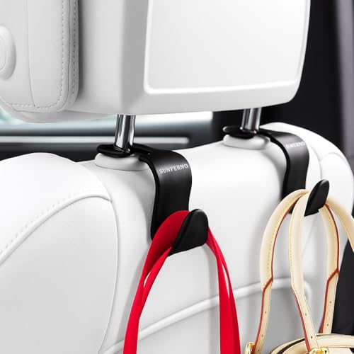 Sunferno Car Headrest Hooks 4 Pack - Exceptionally Stylish Back Seat Hanger for Your Purse, Grocery Bag to Keep Them from Sliding Around While Driving - Universal Fit Trunk Organizer Accessory - Black