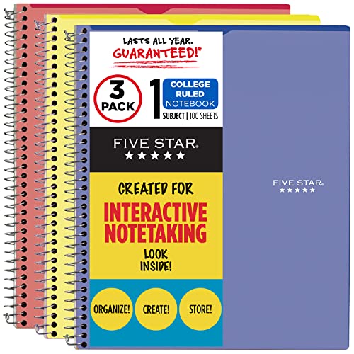 Five Star Interactive Notetaking, 1 Subject, College Ruled Spiral Notebooks, 100 Sheets, 11" x 8-1/2", Customizable, 3 Pack (38589)