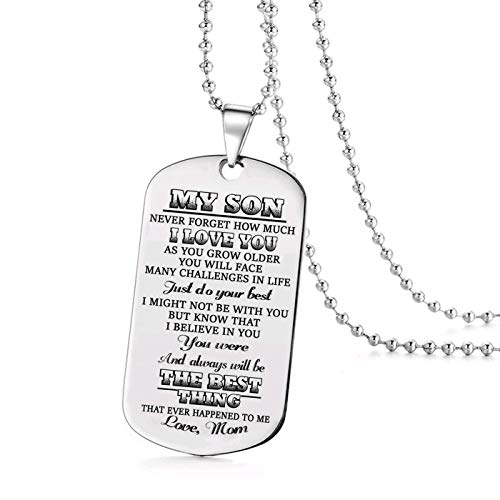 Jvvsci Mom To Son Dog Tag Never Forget How Much I Love You Inspirational Message Pendant Necklace， Encouragement Gift，Uplifting Jewelry