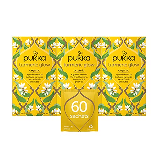 Pukka Organic Tea Bags, Turmeric Glow Herbal Whole Leaf Green Tea with Lemon, Perfect for Inner Radiance, 20 Count (Pack of 3) 60 Tea Bags