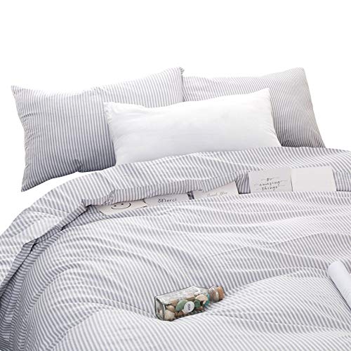 Wake In Cloud - Gray White Striped Duvet Cover Set, 100% Cotton Bedding, Grey Vertical Ticking Stripes Pattern Printed on White, with Zipper Closure (3pcs, Queen Size)