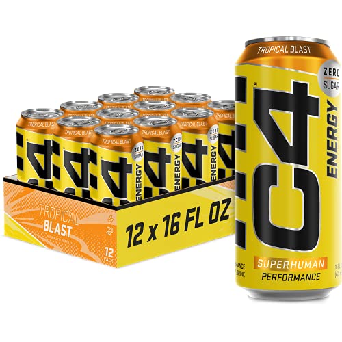 C4 Energy Carbonated Zero Sugar Energy Drink, Pre Workout Drink + Beta Alanine, Sparkling Tropical Blast, 16 Fl Oz (Pack of 12)