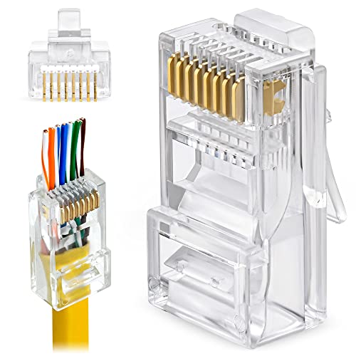 GTZ RJ45 Cat5e Pass Through Connectors - Pack of 100 | EZ to Crimp Modular Plug for Solid or Stranded UTP Network Cable | Male Ethernet Connector End