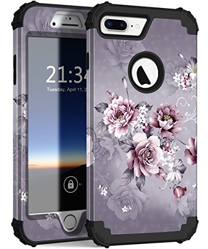 iPhone 8 Plus Case, iPhone 7 Plus Case, Hocase Heavy Duty Shockproof Protection Hard Plastic+Silicone Rubber Hybrid Protective Case for iPhone 8 Plus/iPhone 7 Plus - Light Purple Flowers