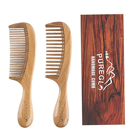 Handmade Wooden Comb Set [Gift Box] - pureGLO Natural Green Sandalwood Anti-Static Fine & Wide Tooth Hair Combs for Men Women and Kids
