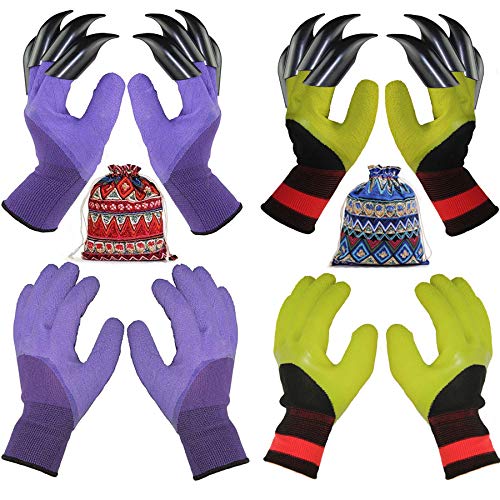 4 Pairs Garden Gloves With Fingertips Claws,Best Gift For Gardener,2 Pairs Working Genie Gloves With Double Claws,2 Pairs without Claws,For Digging and Planting,Breathable. (4 pairs purple and green)