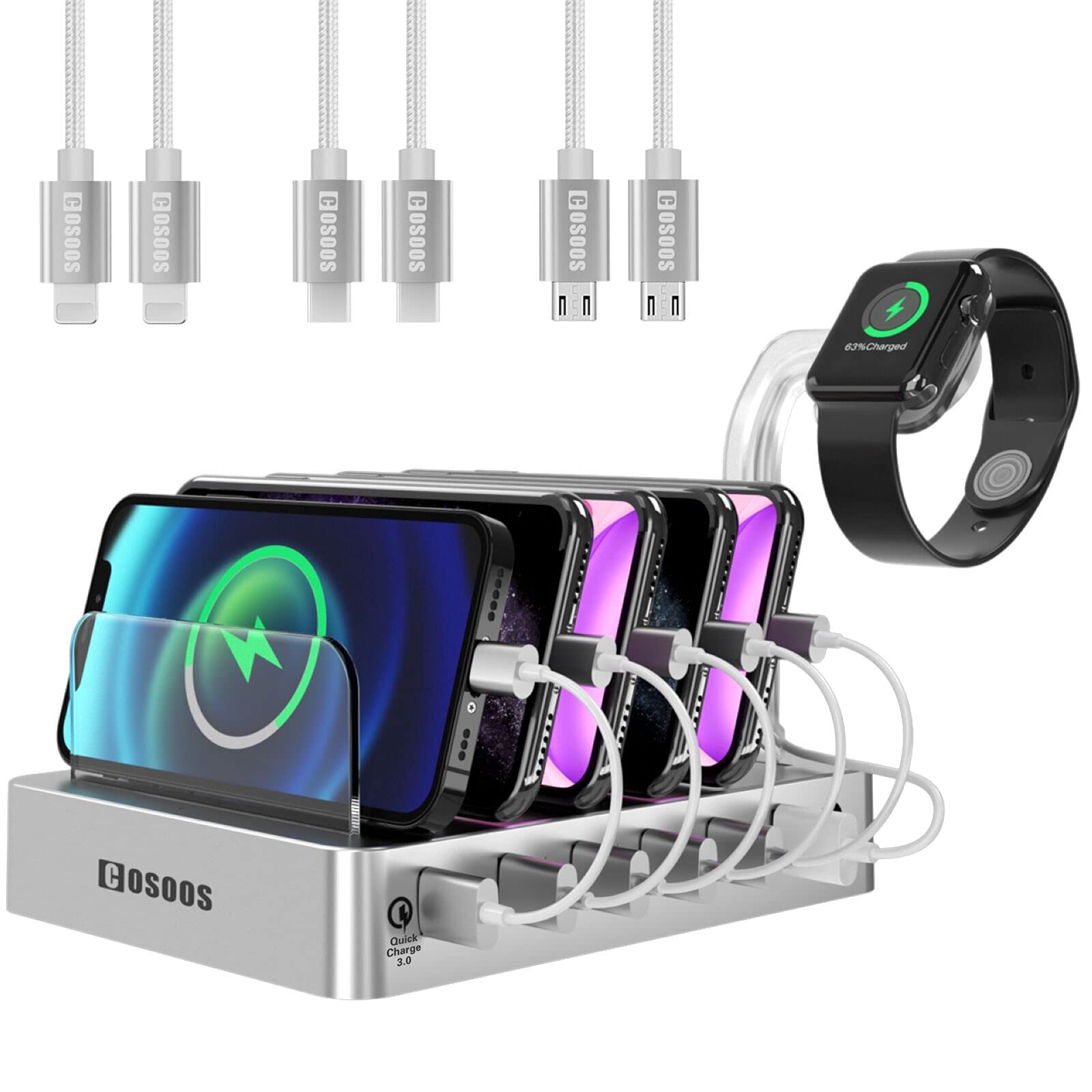 Fastest Charging Station with QC Quick Charge 3.0, COSOOS 63W 12A 6-Port USB Charging Station for Multiple Devices with 6 Mixed Short Cables & lWatch Stand,Multi Charger Station for Cell Phone,Tablet Silvery White