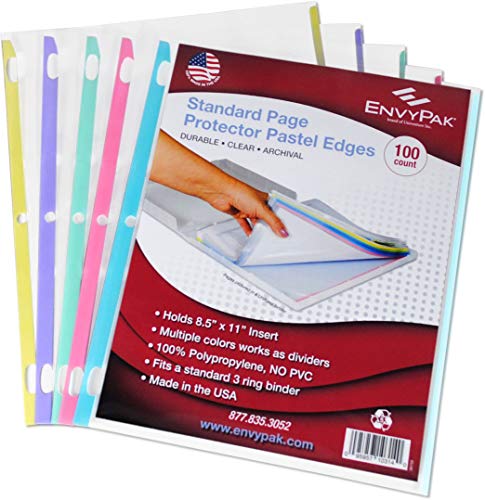 EnvyPak Sheet Protectors - Pastel Color-Coded Edges 8.5 X 11-3 Hole Punched - Pack of 100 (Assorted)