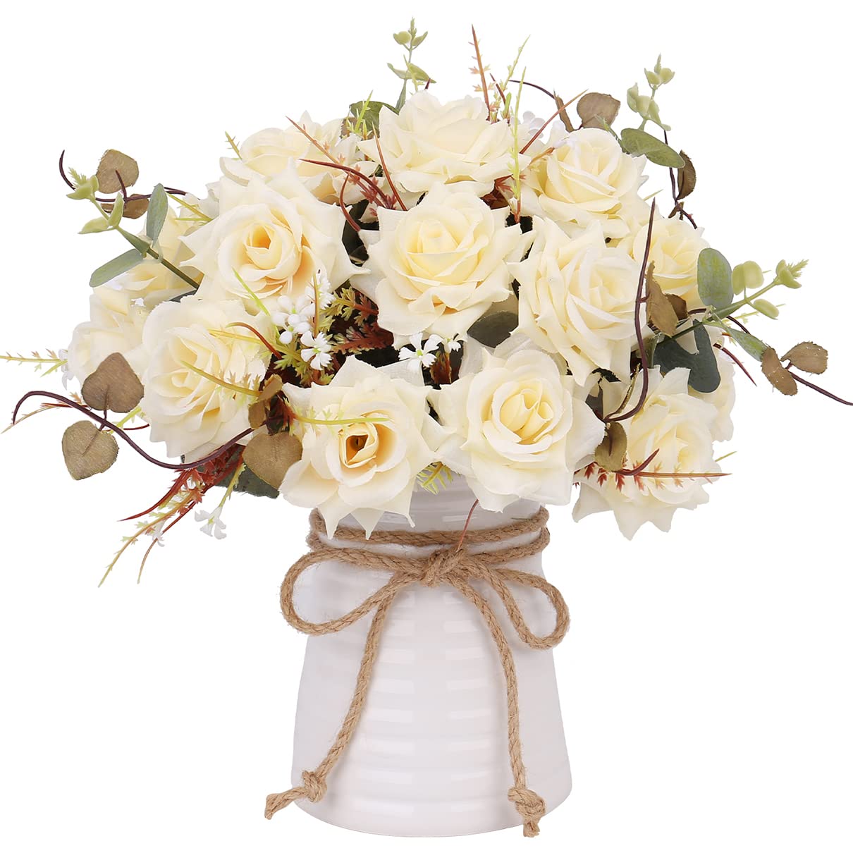 Book Cover YILIYAJIA Artificial Flowers in Vase Silk Rose Flower Arrangements Fake Faux Flowers Bouquets with Ceramics Vase Table Centerpieces for Dinning Room Table Kitchen Decoration (Champagne)