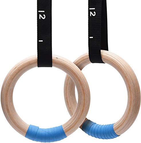 PACEARTH Wooden Gymnastics Rings 1500lbs with Adjustable Cam Buckle 14.76ft Long Straps Non-Slip Training Rings for Home Gym Full Body Workout