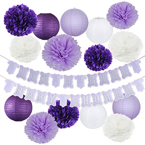 Elephant Purple Lavender Baby Shower Decorations It's A Girl Baby Shower Banner of Purple and Silver Color with Tissue Pom Poms Girl Baby Birthday Decor Purple Silver Baby Shower Decor
