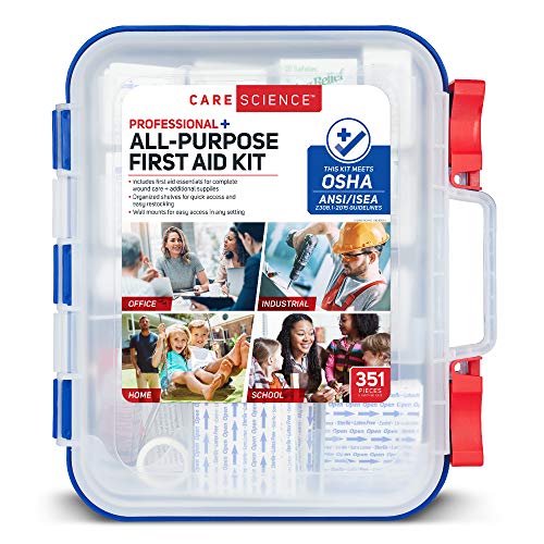 Book Cover Care Science First Aid Kit Professional + All Purpose, 351 Pieces | Meets OSHA ANSI 2015 Guidelines with Wall Mount. Professional Use for Work, School, Home, Car, Survival, Camping, Hiking, and More