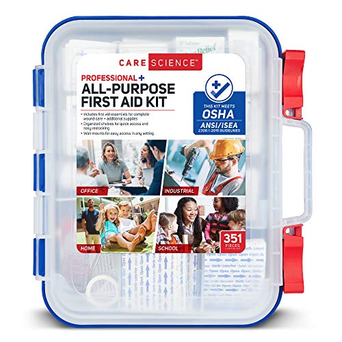 Care Science First Aid Kit Professional + All Purpose, 351 Pieces | Meets OSHA ANSI 2015 Guidelines with Wall Mount. Professional Use for Work, School, Home, Car, Survival, Camping, Hiking, and More