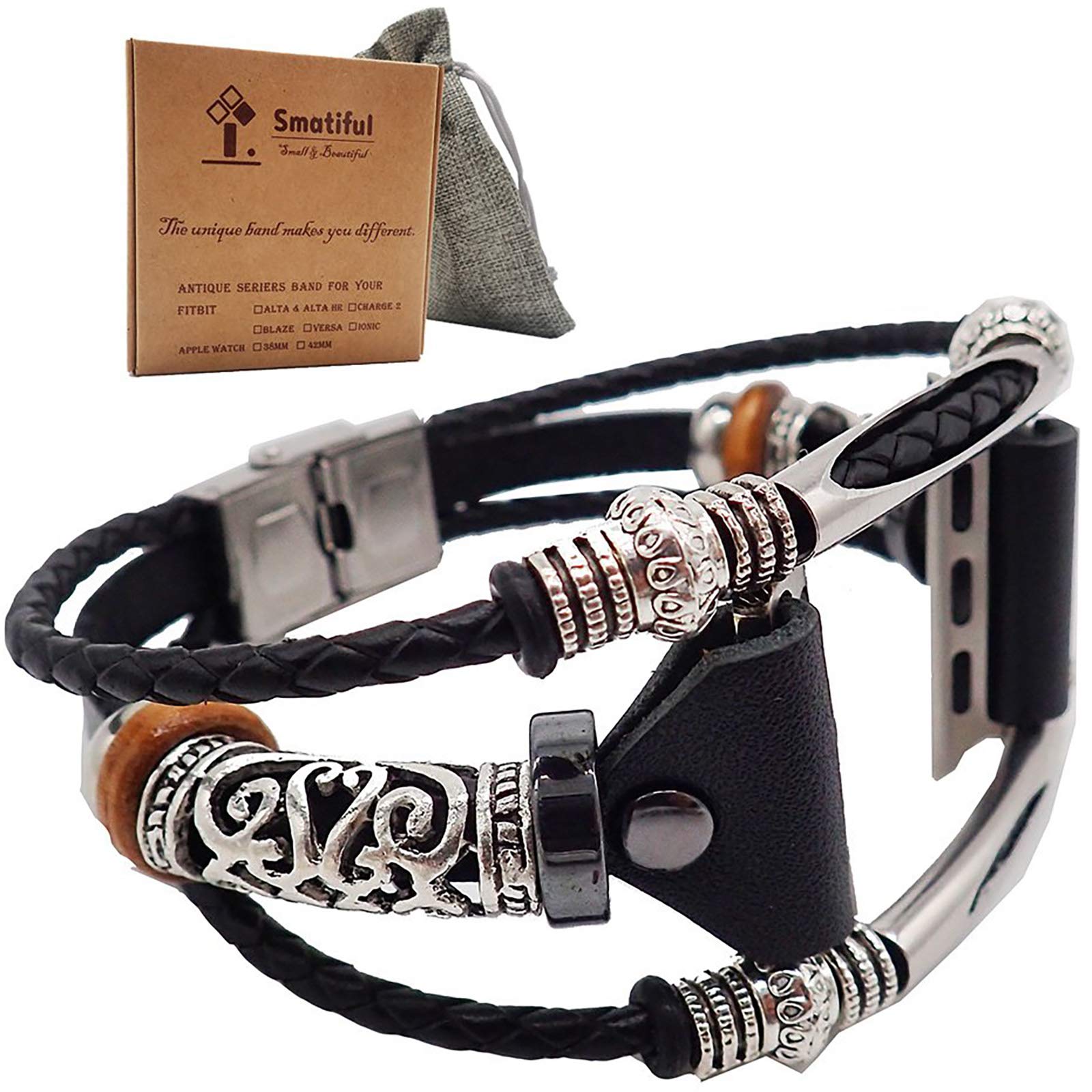Smatiful Fancy Bands with Stainless Steel Clasp and Gunmetal Parts for Women, Adjustable Replacement Leather Band for Apple Watch 38mm/40mm (Series 1,2,3,4,5,6,SE), Black black 38mm/40mm