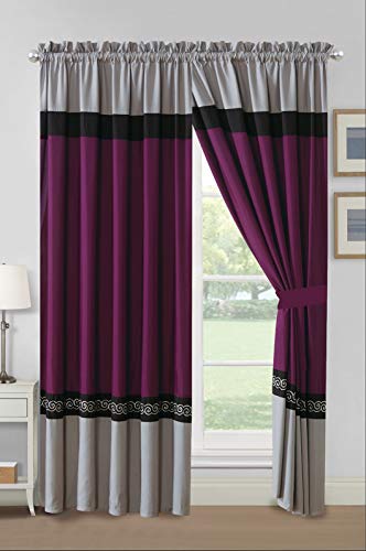 Book Cover GrandLinen 4 Piece Red/Grey/Black/White Scroll Embroidery Microfiber Curtain Set 108 inch Wide X 84 inch Long (2 Window Panels, 2 Ties)