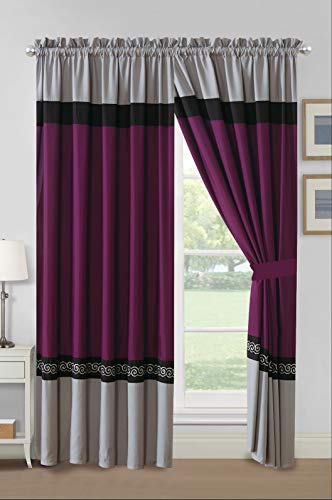 GrandLinen 4 Piece Red/Grey/Black/White Scroll Embroidery Microfiber Curtain Set 108 inch Wide X 84 inch Long (2 Window Panels, 2 Ties)