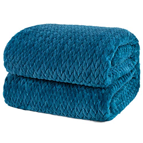 PAVILIA Luxury Flannel Fleece Blanket Throw Twin Turquoise Teal Blue | Soft Decorative Jacquard Weave Microfiber Throw for Bed Couch | Velvet Textured Leaf Pattern | Lightweight Plush Cozy | 60"x80"