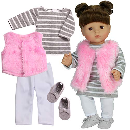 Sophia's 4 Pc. Doll Clothes of 15" Baby Doll Outfit with Stripe T-Shirt Dress, Pink Shaggy Vest, White Leggings Set, Vest and Gray Suede Moccasins of Baby Doll Shoes | Sweet 4 Piece Set for Baby Doll