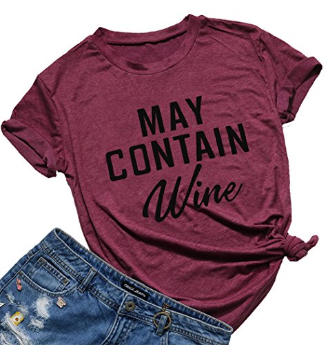 May Contain Wine T Shirt Alcohol Shirts Womens Letter Print Tops Funny Drinking Shirt Casual Short Sleeve Graphic Tees Top