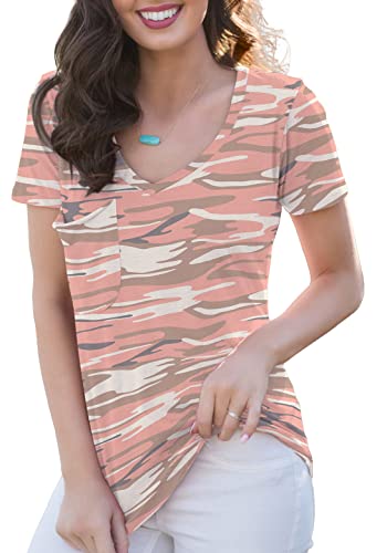 TASAMO Women's Summer Casual Sexy Short Sleeve V Neck Patch Pocket Slub Texture Tee Loose Top Tshirt
